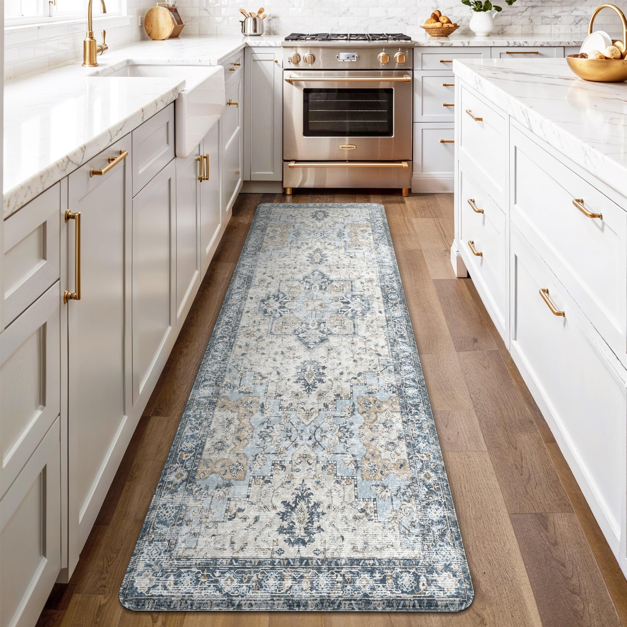 GENIMO Kitchen Mats for Floor 2PCs, Washable Anti Fatigue Mat for Cushioned, 17.3"x47"+17.3"x30", Waterproof Kitchen Rugs, Non Slip Comfort Standing Mat Rug for Home, Sink, Laundry, LightTaupeBrown