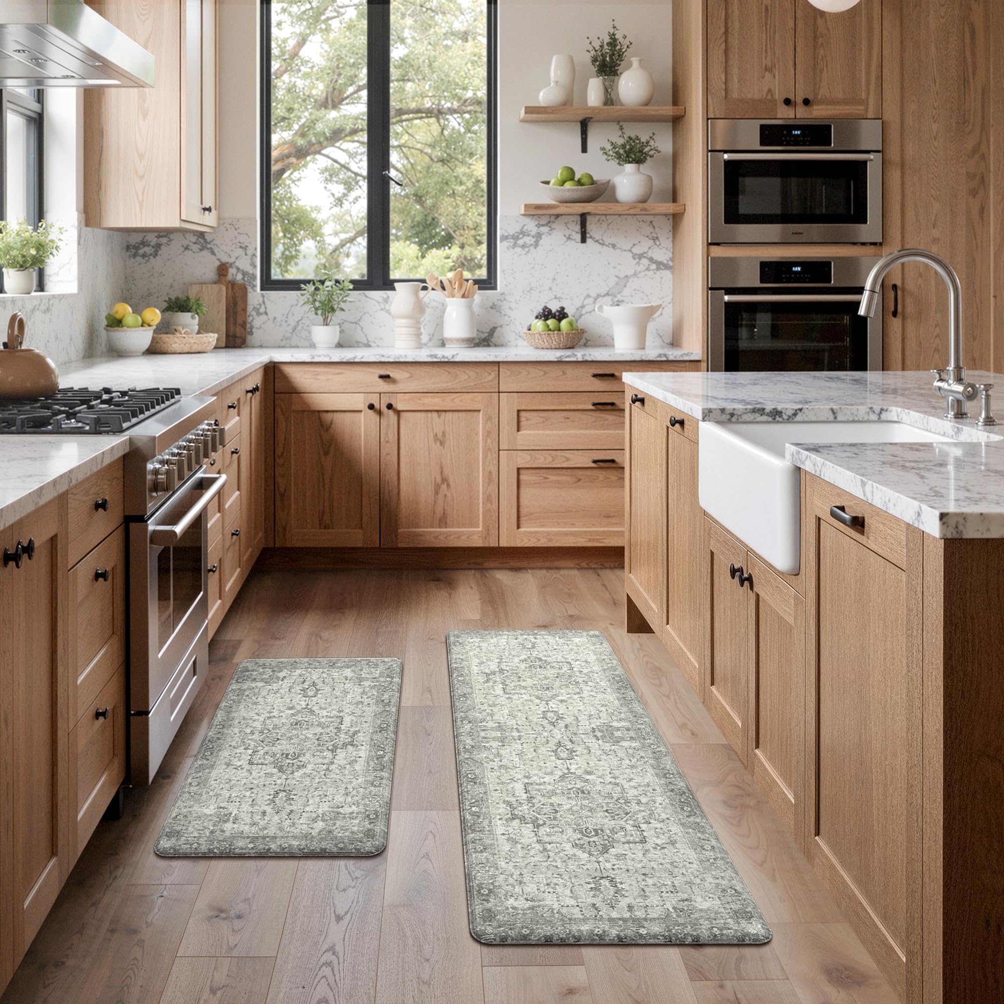 GENIMO Kitchen Mats for Floor 2PCs, Washable Anti Fatigue Mat for Cushioned, 17.3"x47"+17.3"x30", Waterproof Kitchen Rugs, Non Slip Comfort Standing Mat Rug for Home, Sink, Laundry, LightTaupeBrown