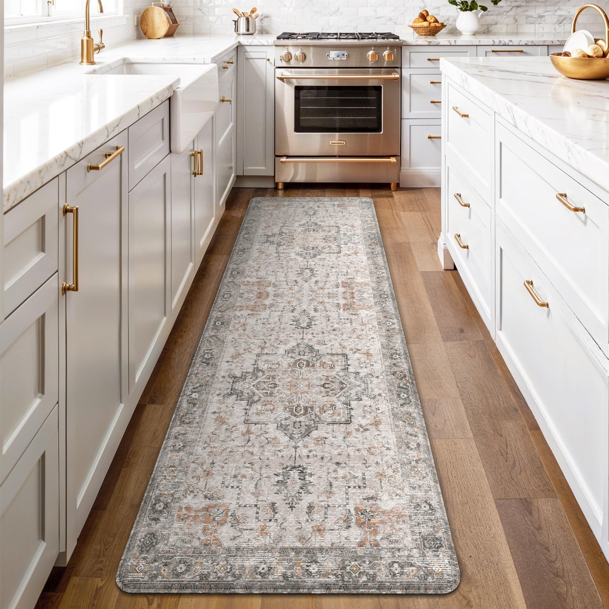 GENIMO Kitchen Mats for Floor 2PCs, Washable Anti Fatigue Mat for Cushioned, 17.3"x47"+17.3"x30", Waterproof Kitchen Rugs, Non Slip Comfort Standing Mat Rug for Home, Sink, Laundry, LightTaupeBrown