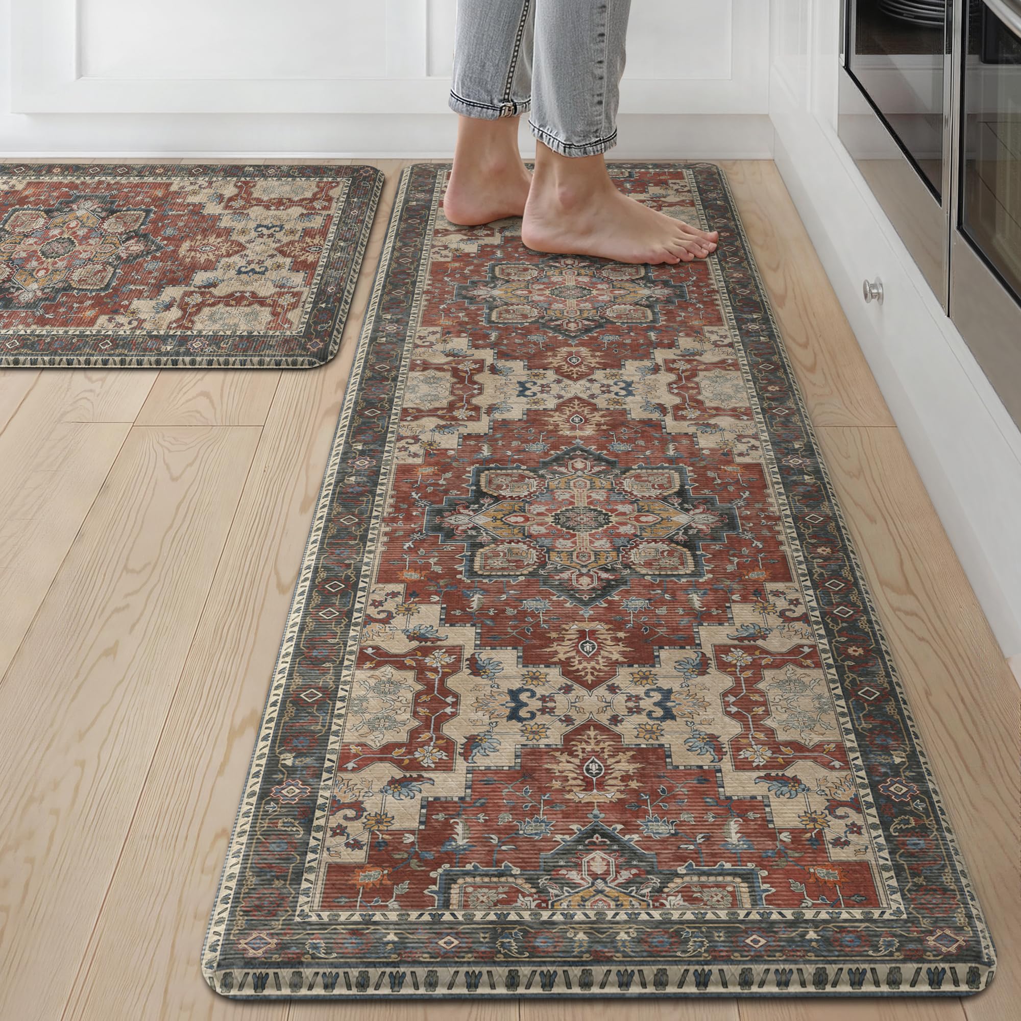 GENIMO Kitchen Mats for Floor 2PCs, Washable Anti Fatigue Mat for Cushioned, 17.3"x47"+17.3"x30", Waterproof Kitchen Rugs, Non Slip Comfort Standing Mat Rug for Home, Sink, Laundry, LightTaupeBrown