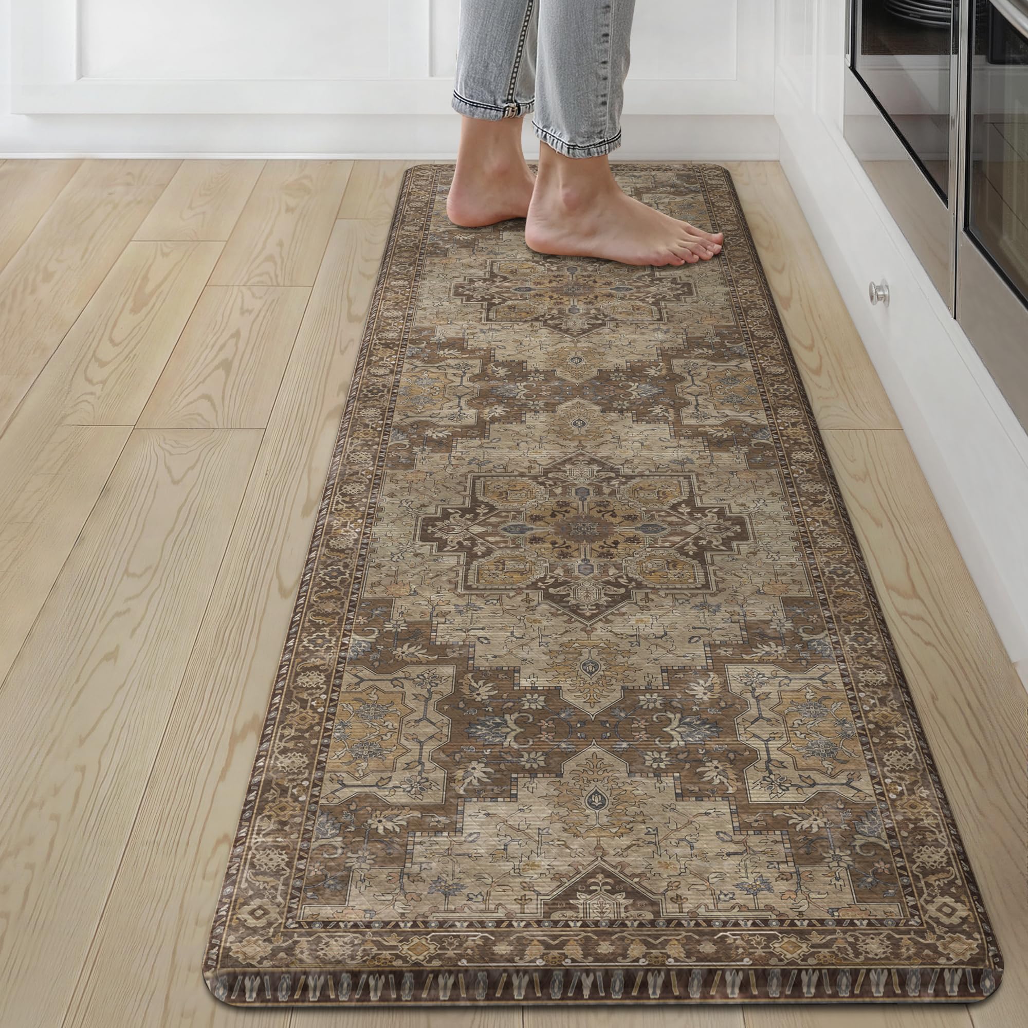 GENIMO Kitchen Mats for Floor 2PCs, Washable Anti Fatigue Mat for Cushioned, 17.3"x47"+17.3"x30", Waterproof Kitchen Rugs, Non Slip Comfort Standing Mat Rug for Home, Sink, Laundry, LightTaupeBrown