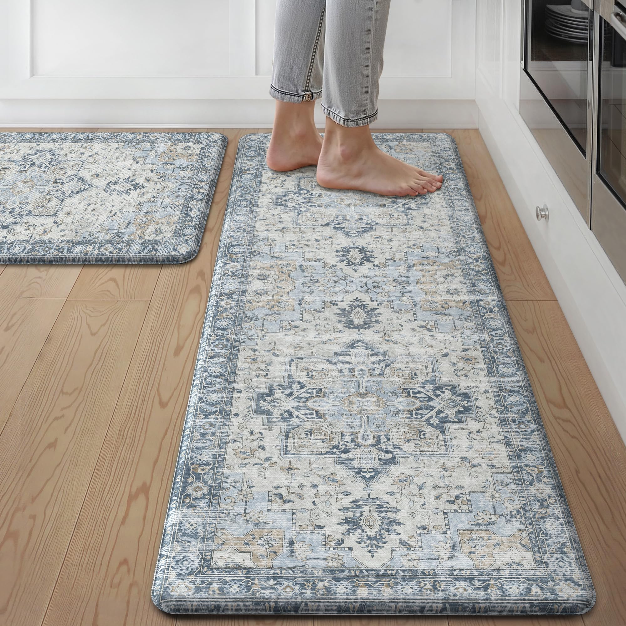 GENIMO Kitchen Mats for Floor 2PCs, Washable Anti Fatigue Mat for Cushioned, 17.3"x47"+17.3"x30", Waterproof Kitchen Rugs, Non Slip Comfort Standing Mat Rug for Home, Sink, Laundry, LightTaupeBrown