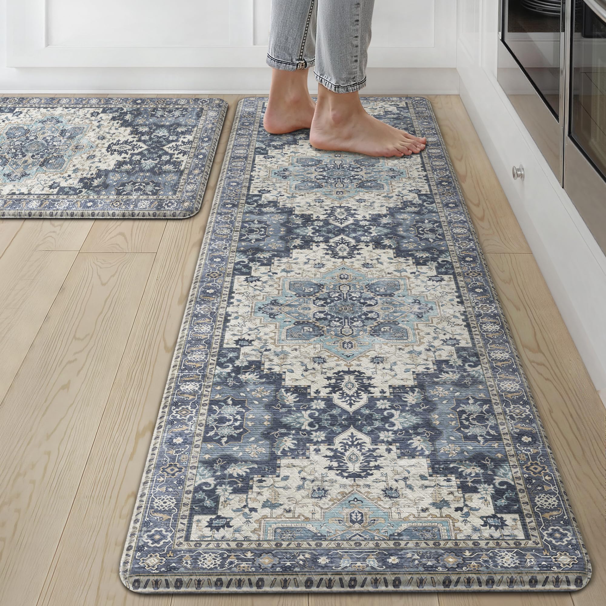 GENIMO Kitchen Mats for Floor 2PCs, Washable Anti Fatigue Mat for Cushioned, 17.3"x47"+17.3"x30", Waterproof Kitchen Rugs, Non Slip Comfort Standing Mat Rug for Home, Sink, Laundry, LightTaupeBrown