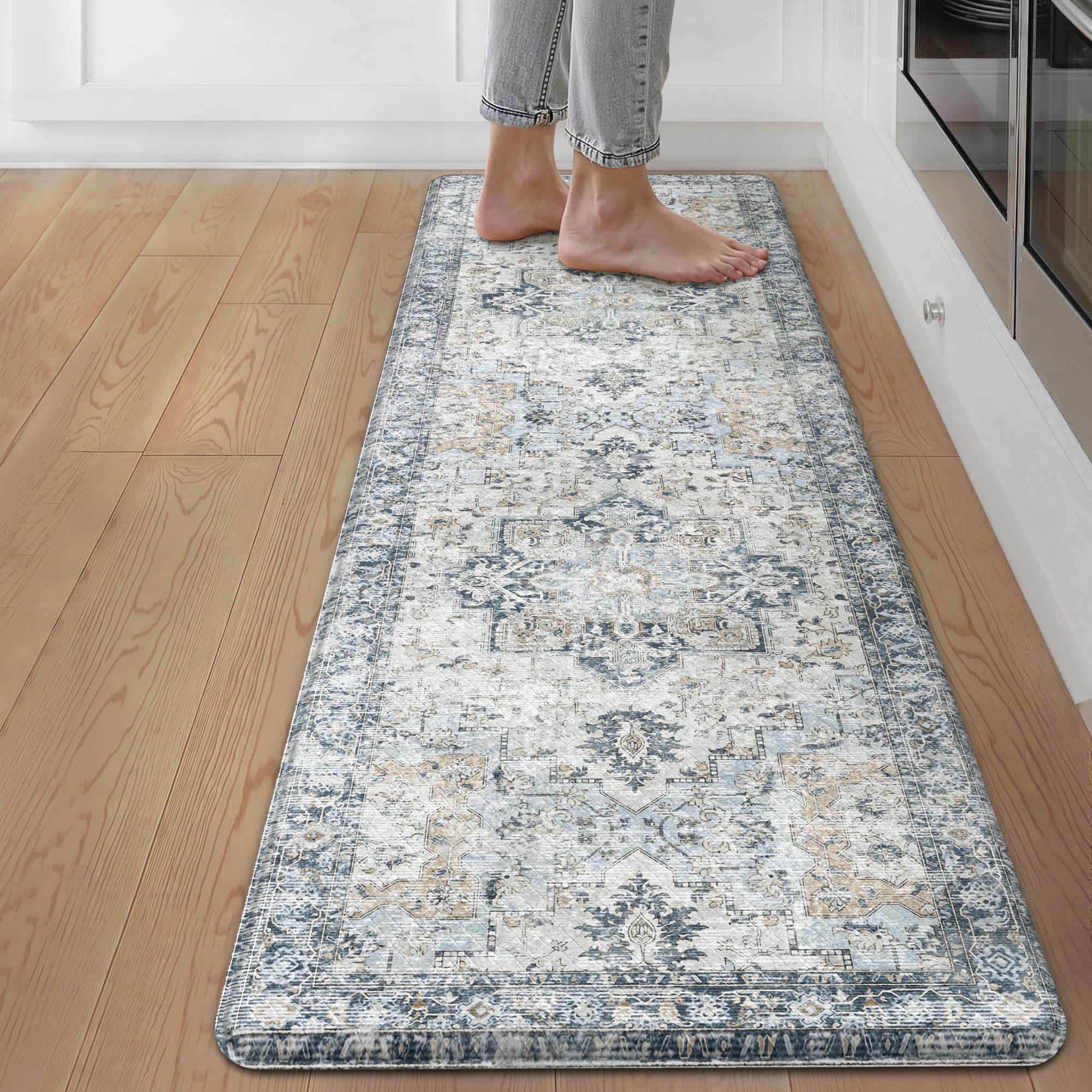 GENIMO Kitchen Mats for Floor 2PCs, Washable Anti Fatigue Mat for Cushioned, 17.3"x47"+17.3"x30", Waterproof Kitchen Rugs, Non Slip Comfort Standing Mat Rug for Home, Sink, Laundry, LightTaupeBrown