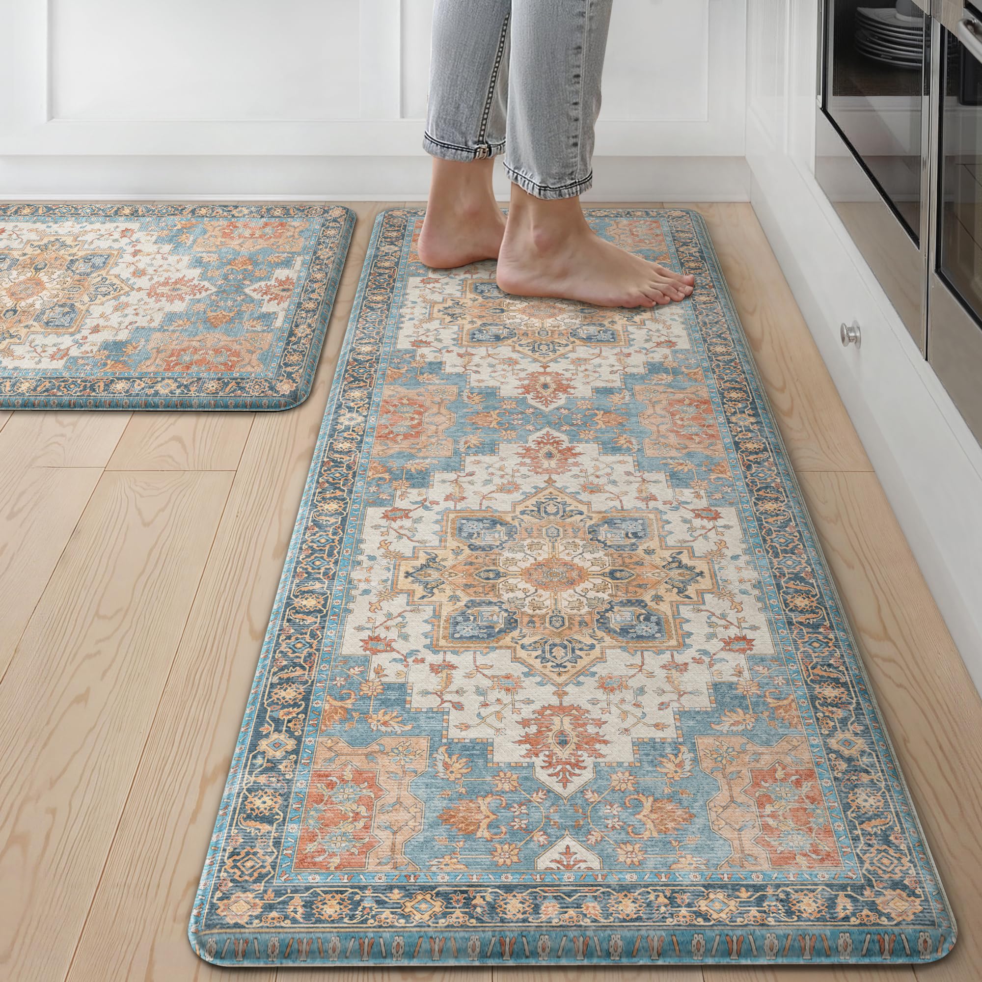 GENIMO Kitchen Mats for Floor 2PCs, Washable Anti Fatigue Mat for Cushioned, 17.3"x47"+17.3"x30", Waterproof Kitchen Rugs, Non Slip Comfort Standing Mat Rug for Home, Sink, Laundry, LightTaupeBrown