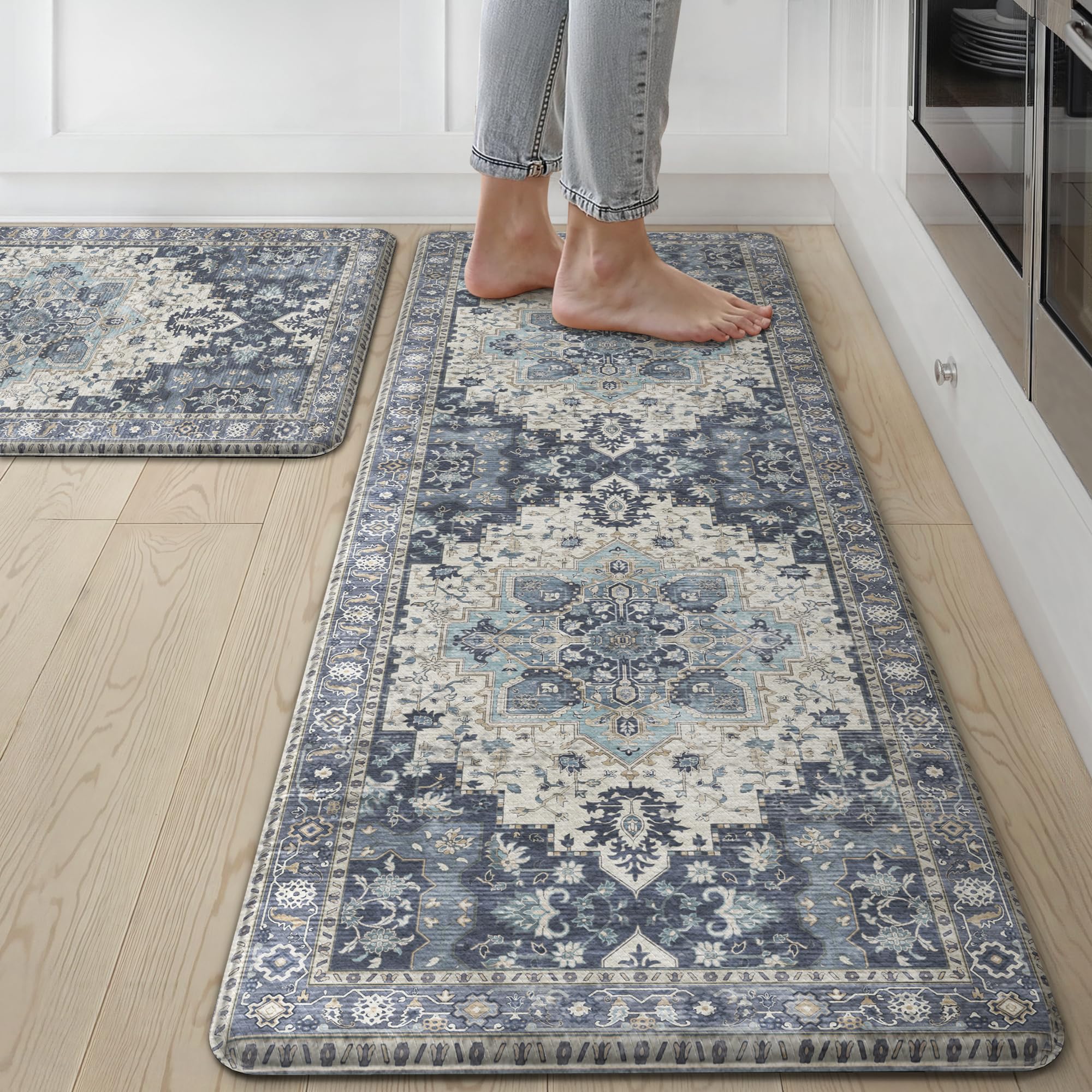 GENIMO Kitchen Mats for Floor 2PCs, Washable Anti Fatigue Mat for Cushioned, 17.3"x47"+17.3"x30", Waterproof Kitchen Rugs, Non Slip Comfort Standing Mat Rug for Home, Sink, Laundry, LightTaupeBrown