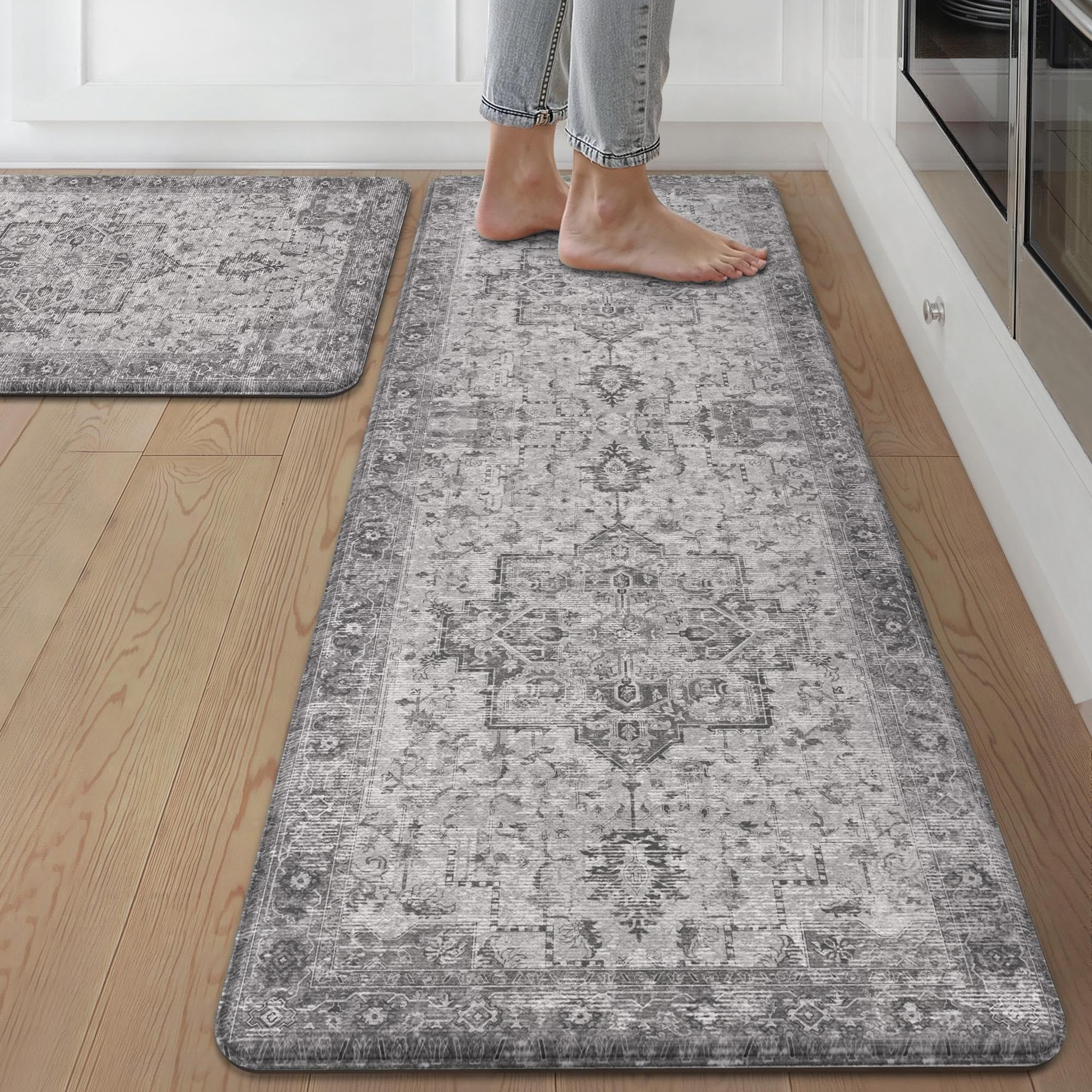 GENIMO Kitchen Mats for Floor 2PCs, Washable Anti Fatigue Mat for Cushioned, 17.3"x47"+17.3"x30", Waterproof Kitchen Rugs, Non Slip Comfort Standing Mat Rug for Home, Sink, Laundry, LightTaupeBrown