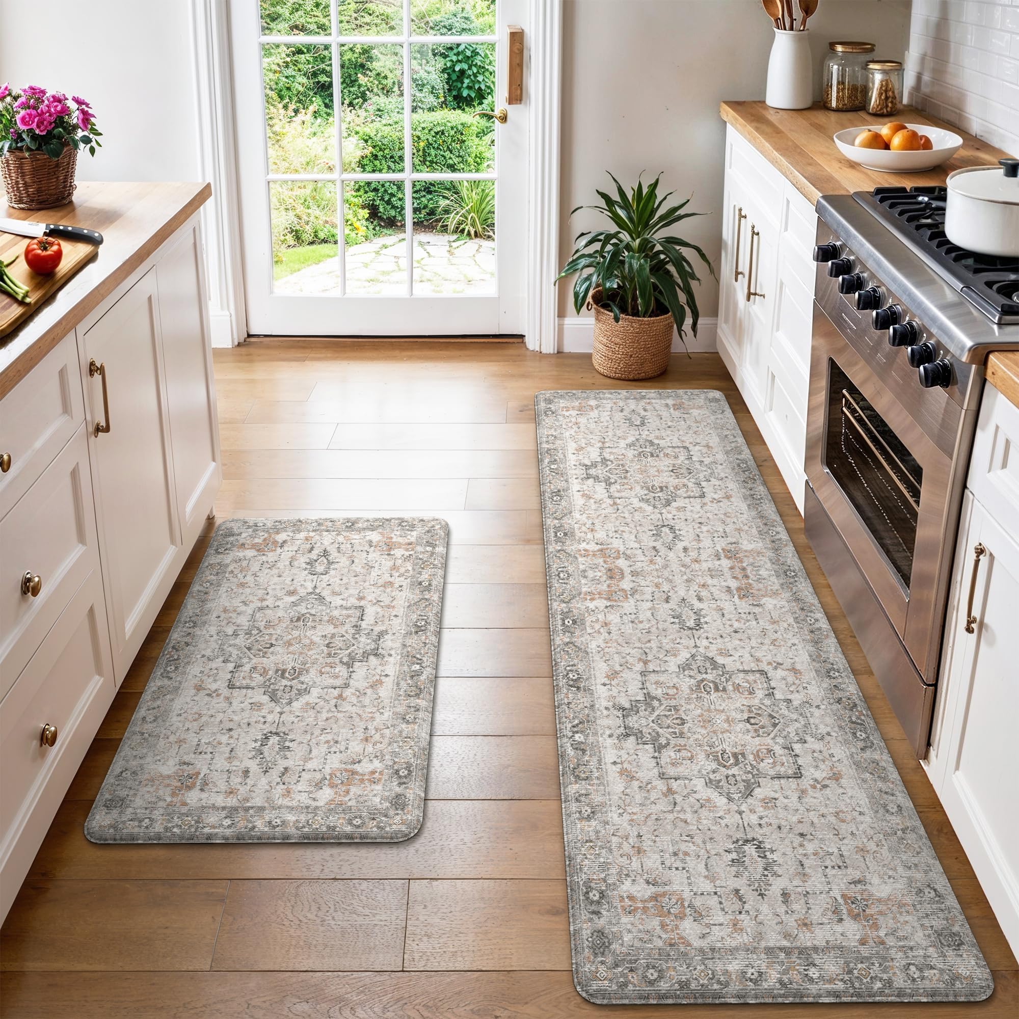 GENIMO Kitchen Mats for Floor 2PCs, Washable Anti Fatigue Mat for Cushioned, 17.3"x47"+17.3"x30", Waterproof Kitchen Rugs, Non Slip Comfort Standing Mat Rug for Home, Sink, Laundry, LightTaupeBrown