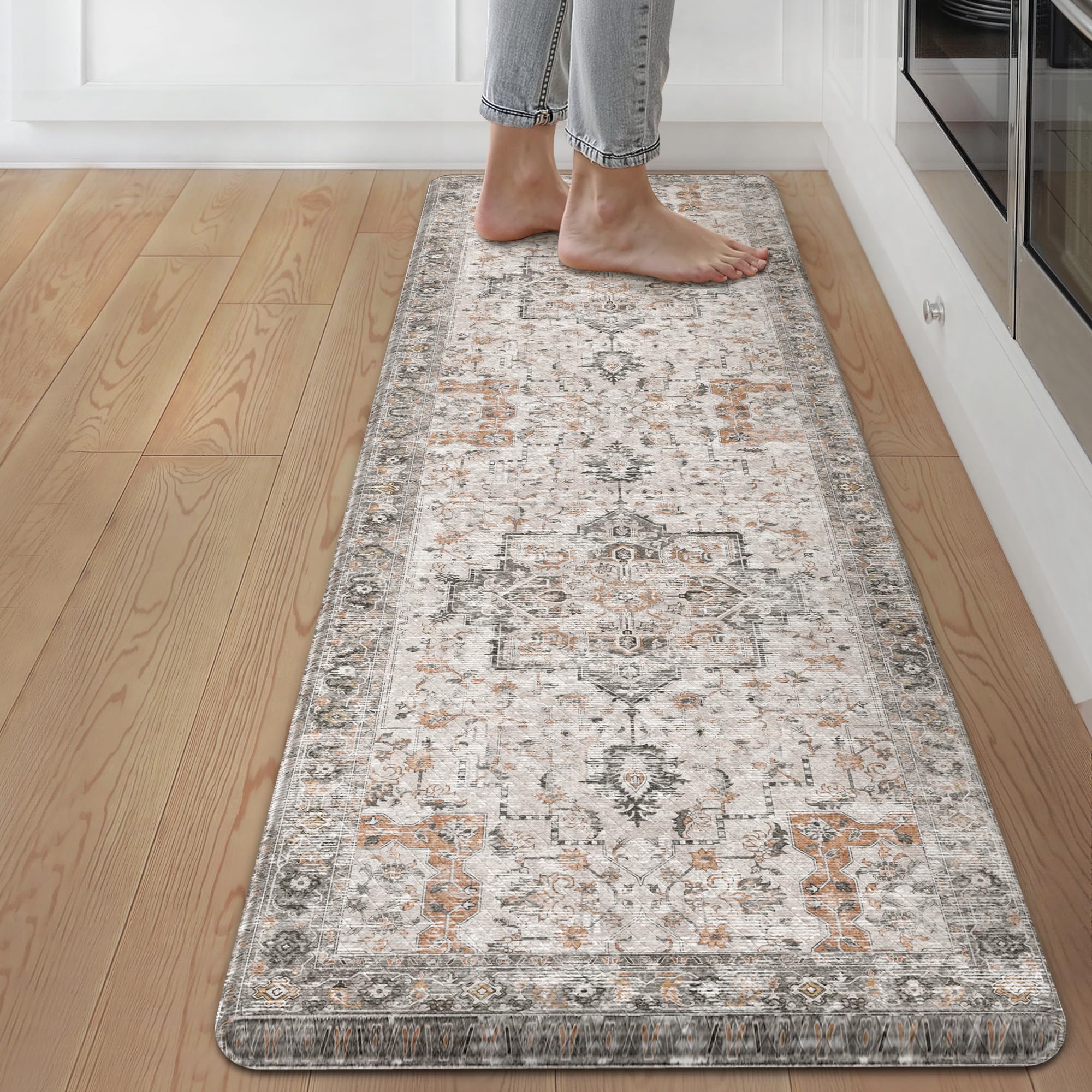 GENIMO Kitchen Mats for Floor 2PCs, Washable Anti Fatigue Mat for Cushioned, 17.3"x47"+17.3"x30", Waterproof Kitchen Rugs, Non Slip Comfort Standing Mat Rug for Home, Sink, Laundry, LightTaupeBrown