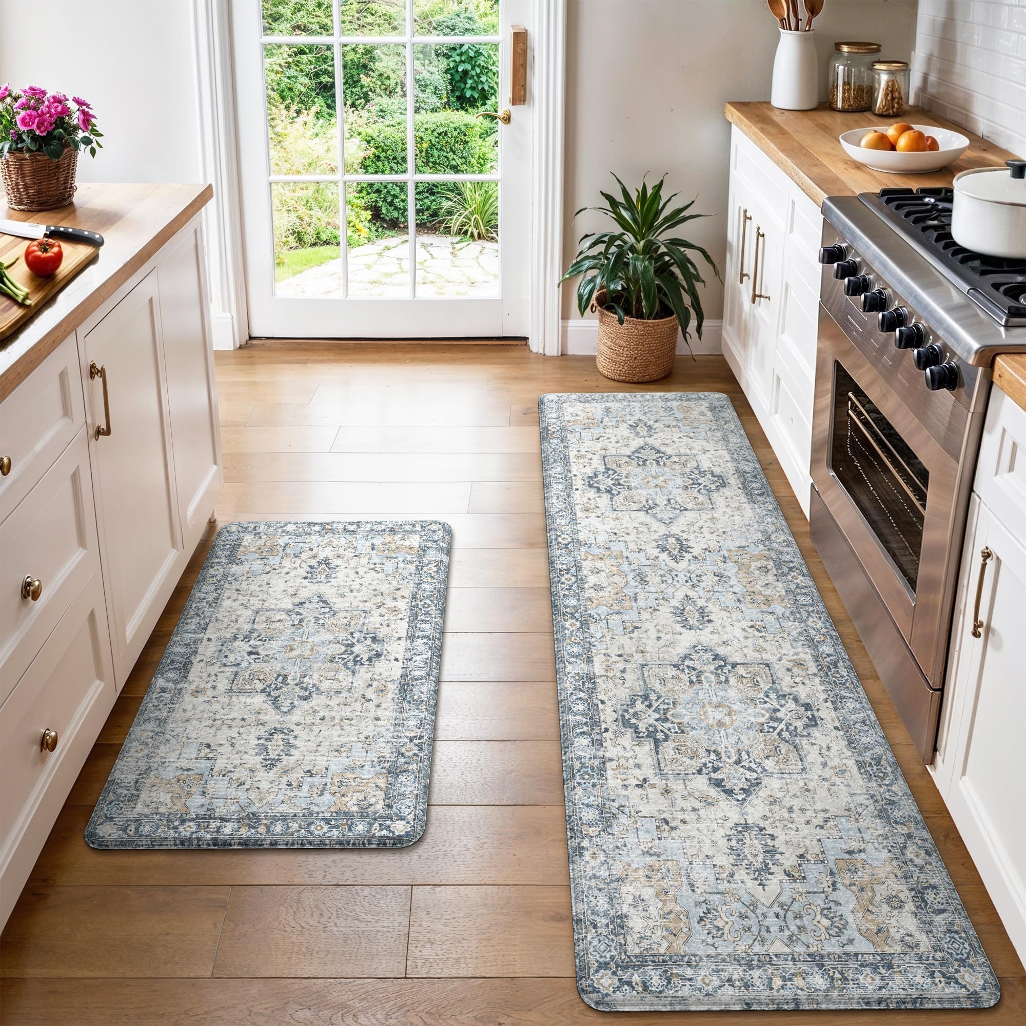 GENIMO Kitchen Mats for Floor 2PCs, Washable Anti Fatigue Mat for Cushioned, 17.3"x47"+17.3"x30", Waterproof Kitchen Rugs, Non Slip Comfort Standing Mat Rug for Home, Sink, Laundry, LightTaupeBrown