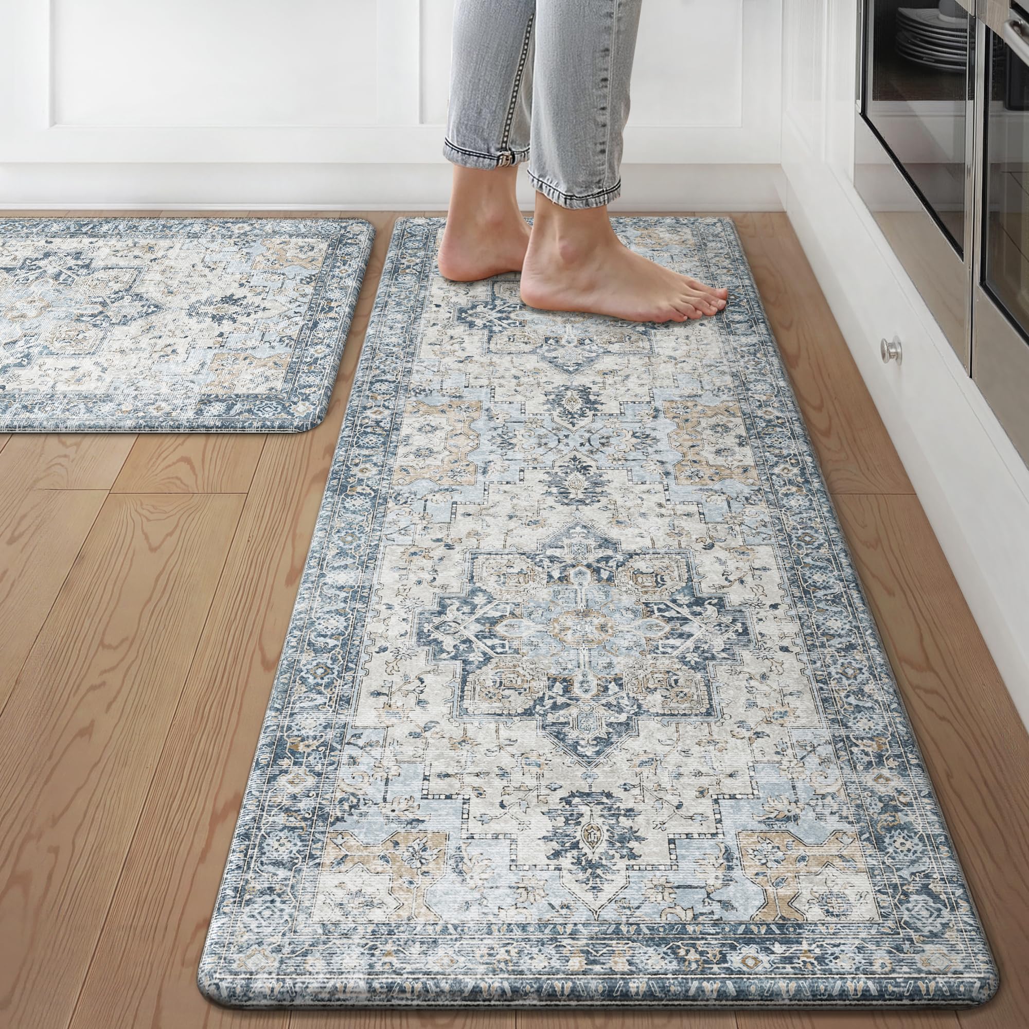 GENIMO Kitchen Mats for Floor 2PCs, Washable Anti Fatigue Mat for Cushioned, 17.3"x47"+17.3"x30", Waterproof Kitchen Rugs, Non Slip Comfort Standing Mat Rug for Home, Sink, Laundry, LightTaupeBrown